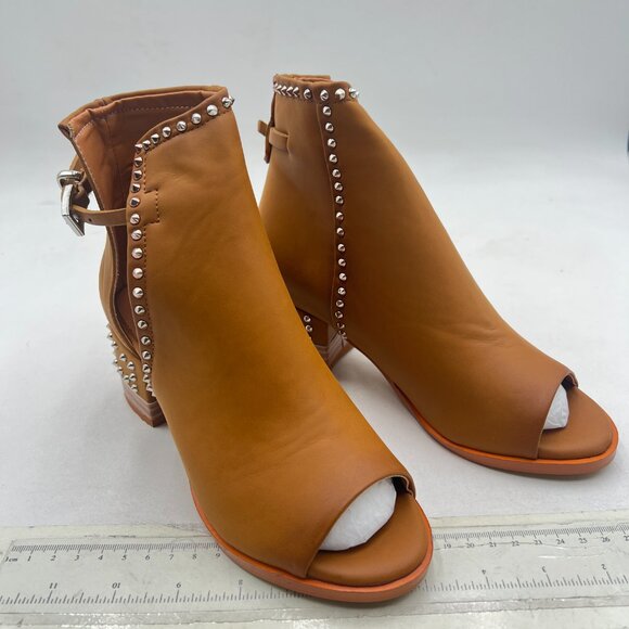 FSJ Brown Rivets Peep Open Toe Cut Out Buckle Ankle Bootie Block Low Heel Sandal - Picture 4 of 8